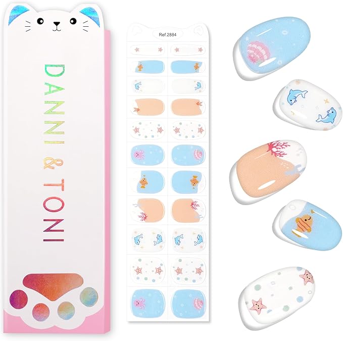 DANNI & TONI Kids Gel Nail Strips Ocean Dolphin Starfish Seashell Salon-Quality Peel & Stick Manicure for Children (Age 6+)– Safe, Long-Lasting, Easy to Apply | Ocean Spark