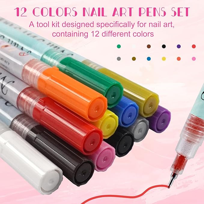 12 Color Nail Art Pens Set, 0.5 MM Nail Polish Pens Dotting Drawing Painting Point Liner Painted Pen Kit, Waterproof and Quick-drying Nail for DIY Nails Art Design Manicure Tools
