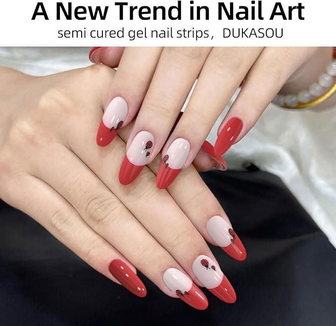 Semi Cured Gel Nail Strips,28 Pcs Gel Nail Stickers/Wraps(Red Dot),Long Lasting Polish Stickers UV Cure,Works with UV Lamp,Easy to Apply