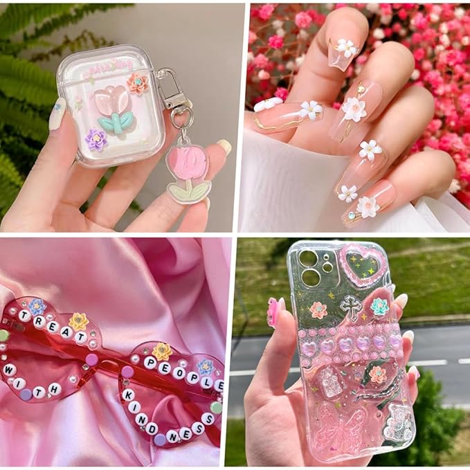 120Pcs Flower Nail Charms 3D Flower Resin Nail Art Charms Flat Back Flower Nail Art Decoration for Manicure