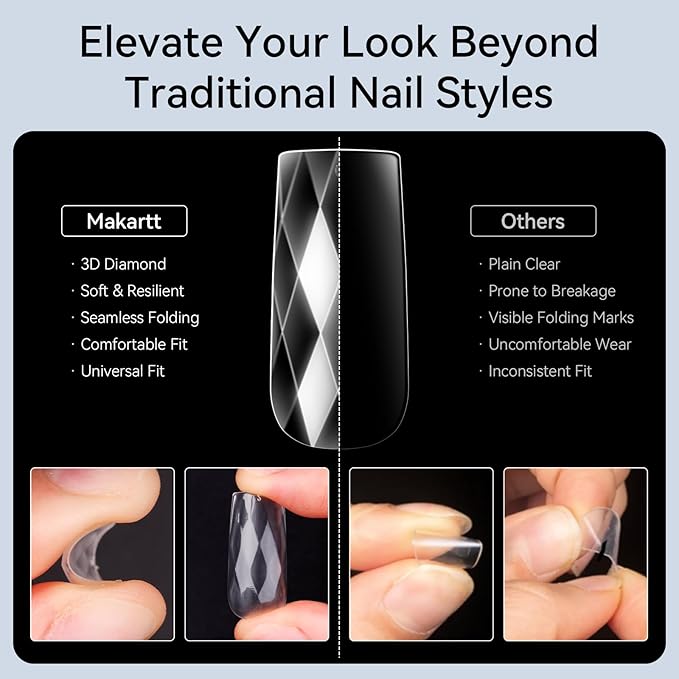 Makartt Medium Square Soft Gel Nail Tips: 120pcs 3D Diamond-Shaped Fake Nails Extension, 12 Sizes Full Cover Clear Press-On Tip, Natural Rhombus Lattice, Suit for Chrome Nail Powder