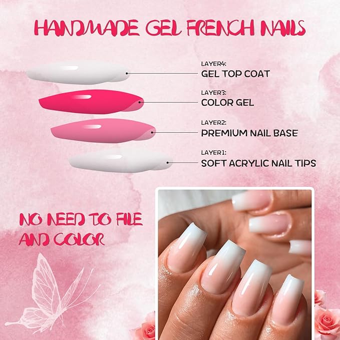 AddFavor 240pc Ombre Press on Nails Long Square, Acrylic Fake Nails Press ons Nail Tips Square Stick on Nails with Nail Glue and Adhesive Tabs for Women