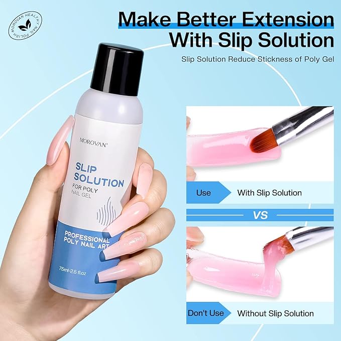 Morovan Nail Slip Solution Kit: 2.5 OZ Anti‑Stick Gel Liquid for PolyGel Nails with Dual‑Ended Brush & Nail Forms Ideal Easy Spread for Beginners