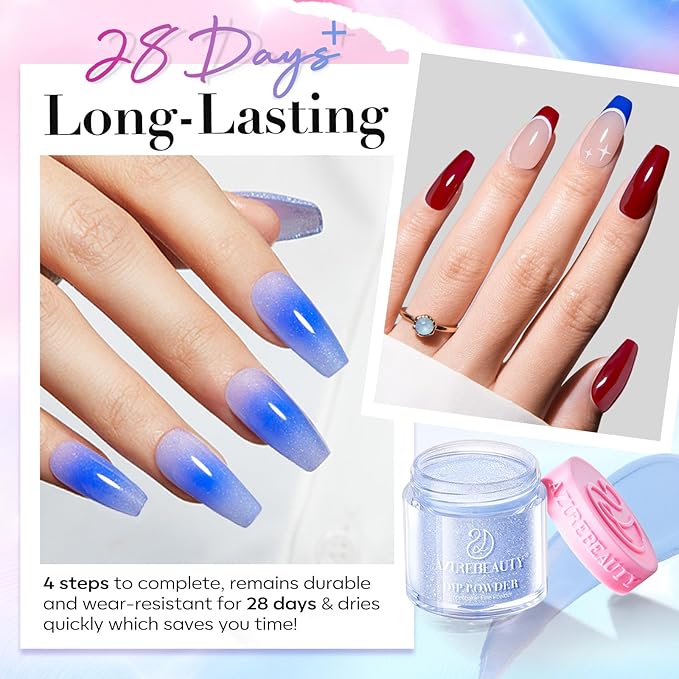 AZUREBEAUTY Dip Powder Nail Kit, Pinkish Blue Ombré 4 Colors Upgraded Brush One-Step Dipping Powder with Base & Top Coat Activator for French Nail Art Manicure Salon DIY at Home