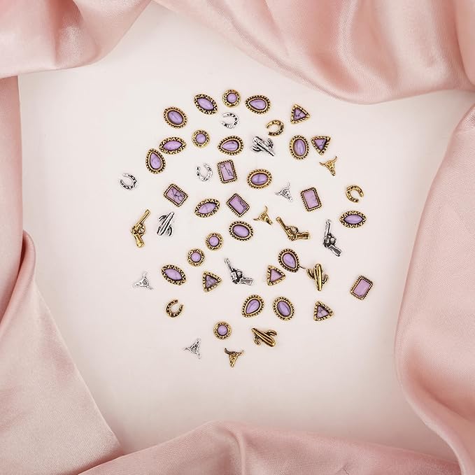 50 PCS Western Nail Charms - Purple Turquoise Nail Charms, Vintage Cowboy Cowgirl Western Art Gems Stickers, Retro Metal Gold Silver Art, Purple Multi-Shape Marble Gems Bulk DIY