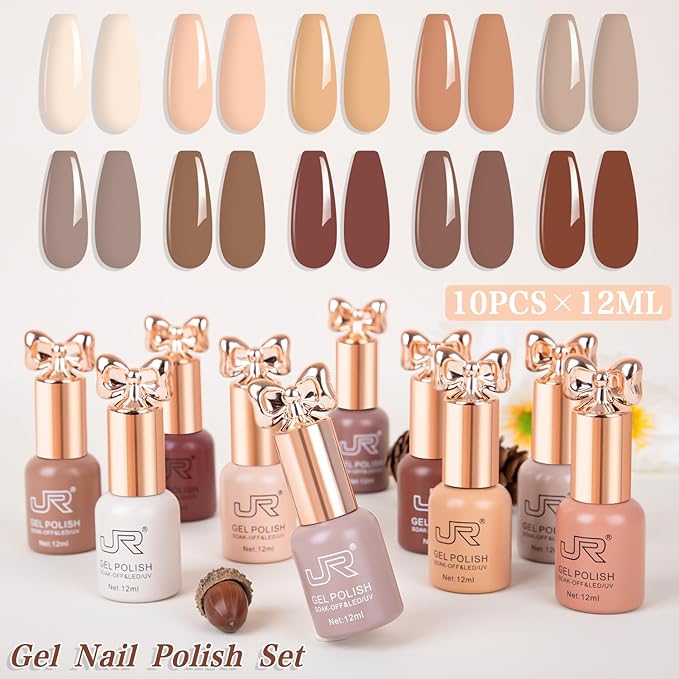 JR Gel Nail Polish 10pcs 0.4oz Nude Brown Gel Polish Color Long Lasting Soak off Gel Polish Nail Art Manicure Salon DIY Nail Gifts for Women B Set