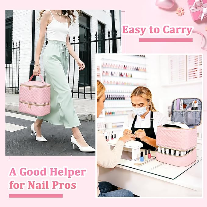 JEWHITENY Nail Polish Organizer Bag Holds 30 Bottles & Nail Lamp,Double-Layer Nail Polish Storage Bag with Adjustable Dividers,Portable Nail Kit Bag For Nail Stuff & Manicure Tools (Pink)
