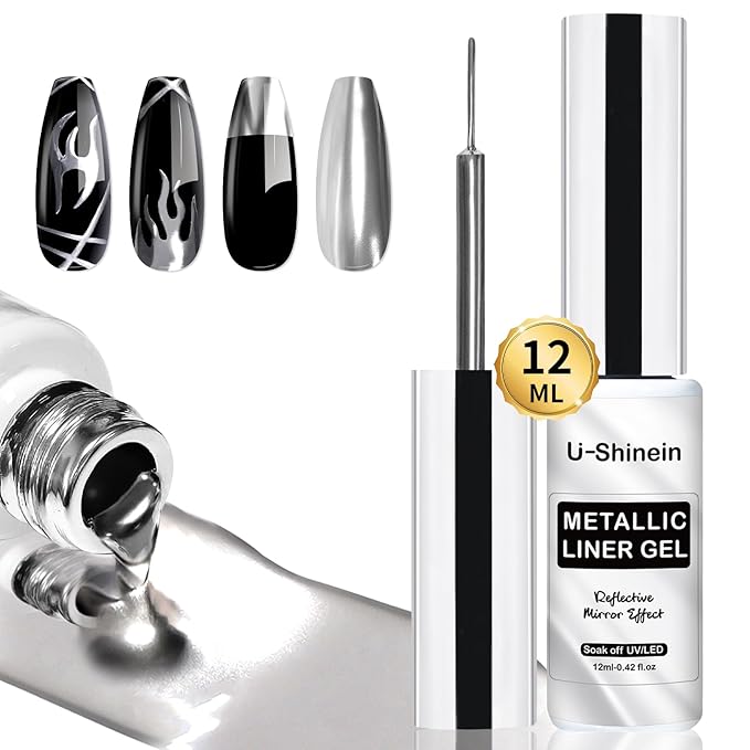 12ml Metallic Painting Gel Liner Nail Art 3D Mirror Chrome Effect Metal Painted Drawing Build in Thin Brush Soak Off UV/LED Silver Striper Gel for Salon Home DIY Manicure