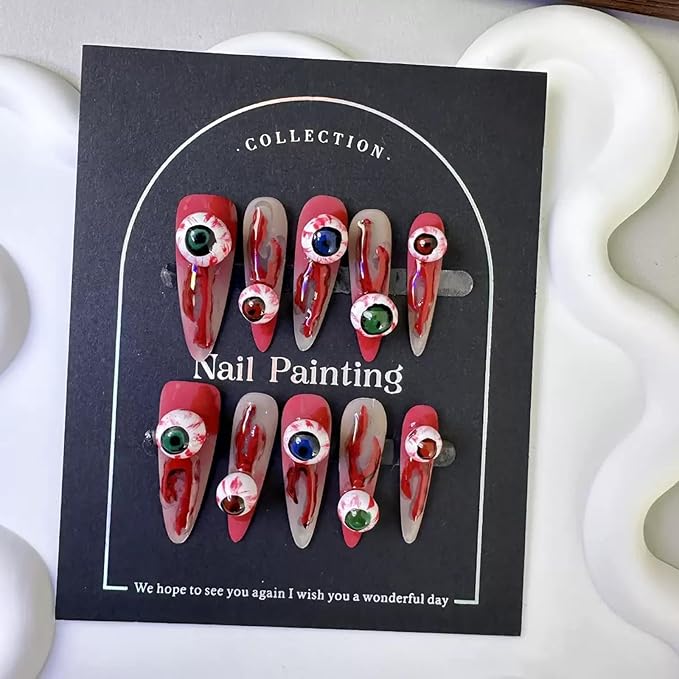 Handmade Press on Nails Halloween Nail Press on Nails Long Stiletto Fake Nails with Evil Eyes Design Red Blood False Nails Ombre Handmade Nails for Women Girls Holiday Manicure 10pcs Size L