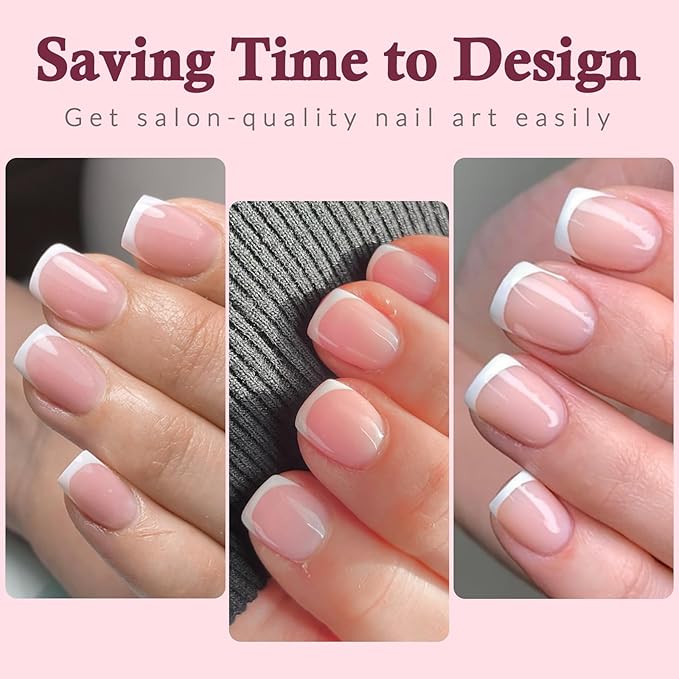 120PC White French Tip Press on Nails Short Fake Nails Press ons with 5*Adhesive Tabs, Pink Square Acrylic Nail Press on Nail French Tip Nails False Artificial Fingernails Stick on Nails-M