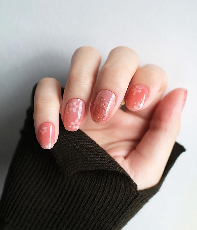 Nail Polish Strips (No UV Lamp Needed) - 22 Pcs Salon Quality Gel Nail Stickers - Long Lasting Wraps (Dusty Orange Flower)