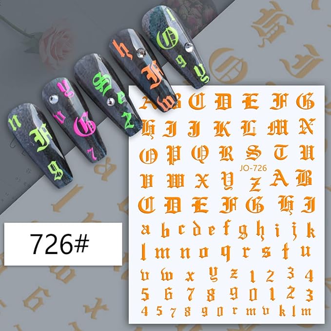 12 Colors Old English Nail Art Stickers, 3D Letters Self-Adhesive Sticker Design, Laser Gold Silver Red Black White Pink Yellow Green Alphabet Nail Transfer Decals for Women Manicure Decorations