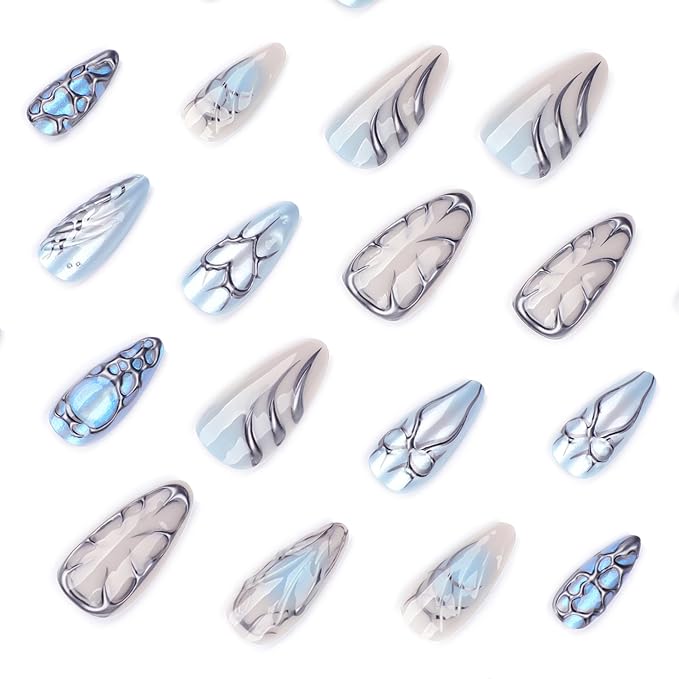 Press on Nails Almond - Blue Fake Nails with Bow Heart Desgin - Y2k, Medium False Nails Press ons - for Women 24 Pcs