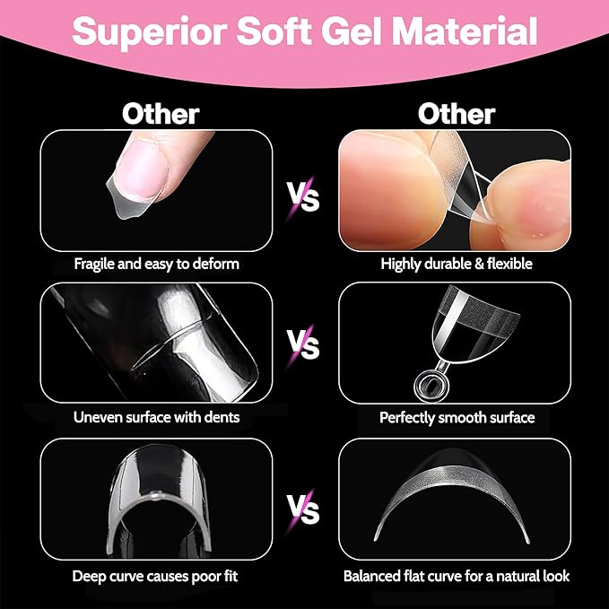 GELPARTY Soft Gel Half Cover Nail Tips - 240pcs Pre-Buffed Matte French Tips - No Filing Needed - Clear False Nails for Acrylic & Gel Extensions (12 Sizes)