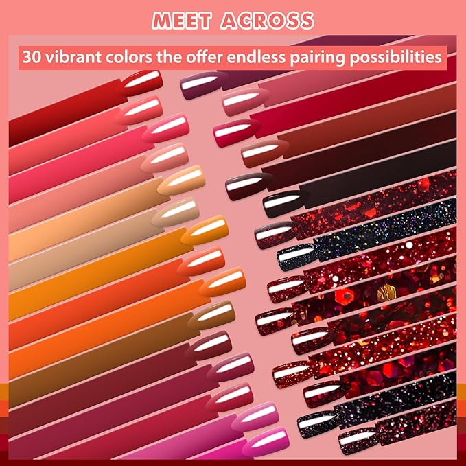 MEET ACROSS 30 PCS Red Gel Nail Polish Set, Burgundy Gel Kit Glitter Nail Polish Soak Off Rose Dark Red Shimmer DIY Home Salon Manicure Gifts for Women Girls