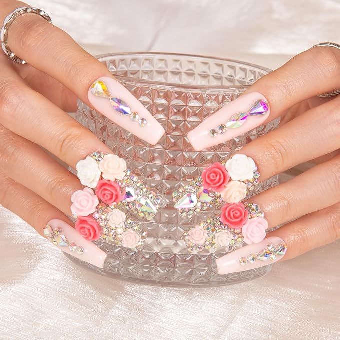LOVFUL Press on Nails Rose Garden | Handmade with Full Covered Crystals | Reusable Full Cover Nails | Coffin Classic Regular 1.3 in | H107-S