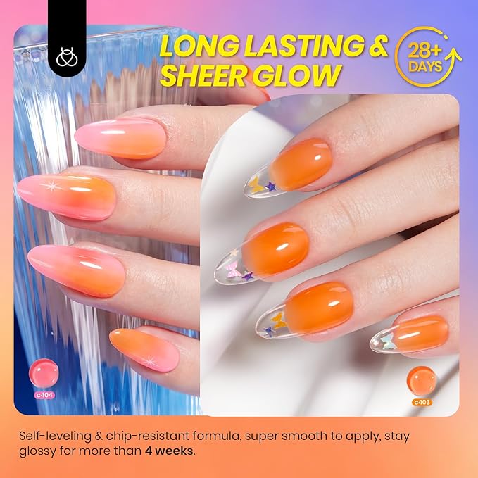 Beetles Jelly Gel Nail Polish Set - 6 Colors Neon Gel Polish Kit Sheer Hot Pink Red Orange Purple Blue Yellow Translucent Effect Soak Off UV French Nail Art Manicure Gift for Women