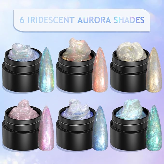 3D Sculpting Gel for Nail Art, 6 Iridescent Aurora Glitter Colors, Non-Sticky Solid Builder Hard Gel for 3D Nail Designs, with Silicone Carving Pen, Seashell Mold, Rhinestones & Pearls