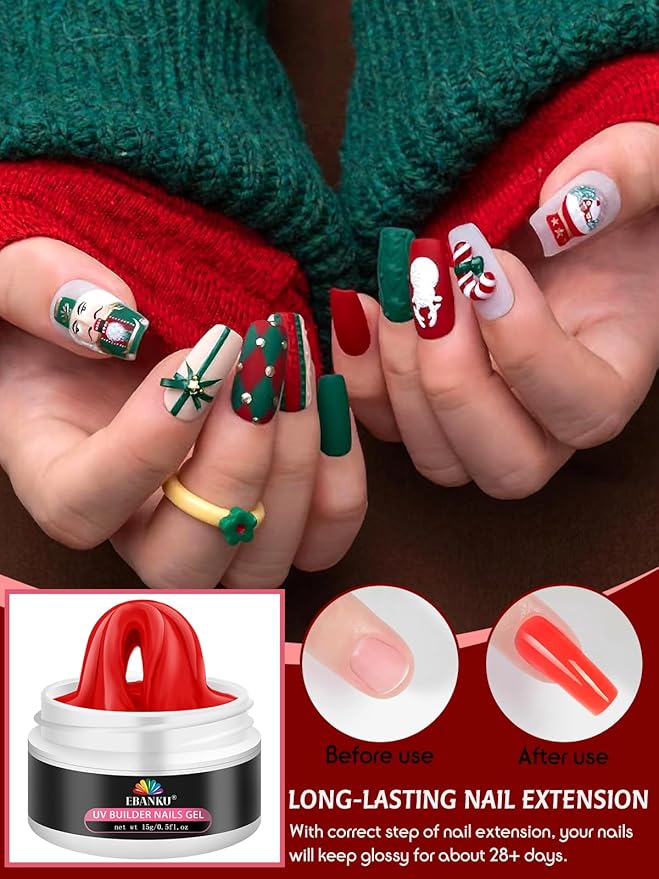EBANKU Solid Builder Gel for Nails, 6 Colors Nail Extension Sculpture Gel for Nail, Valentines Red Green Gold Silver Glitter Non-Sticky Carving Modeling Nail Art