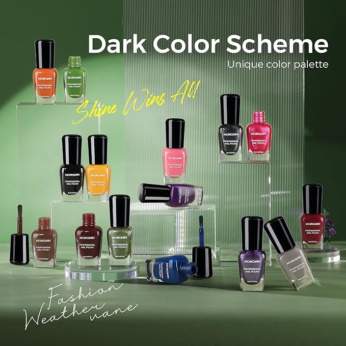 Morovan Dark Nail Polish Set: Glitter Green Dark Red Black Hot Pink Brown Shimmer Fingernail Polish Kit Air Quick Dry Nail Pack Winter Christmas Nail Art Manicure Gift Holiday Party for Women Girls