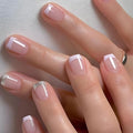 French Tip Glitter Short Square Fake Nails - Pink & White Glossy Design, Sparkly False Nails Glue On with Full Cover Acrylic Stick On Nails - 24 Pcs