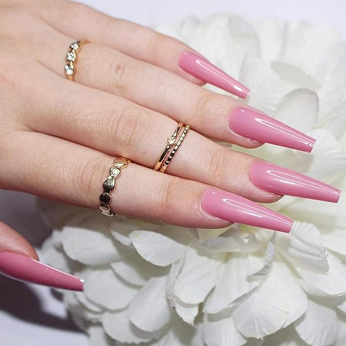 Allkem Press On Nails - Rose Pink Glossy Extra Long Ballerina 2 Set Bundle | 10 sizes - 20 pcs False Nails Full Cover Nail Kit with Glue