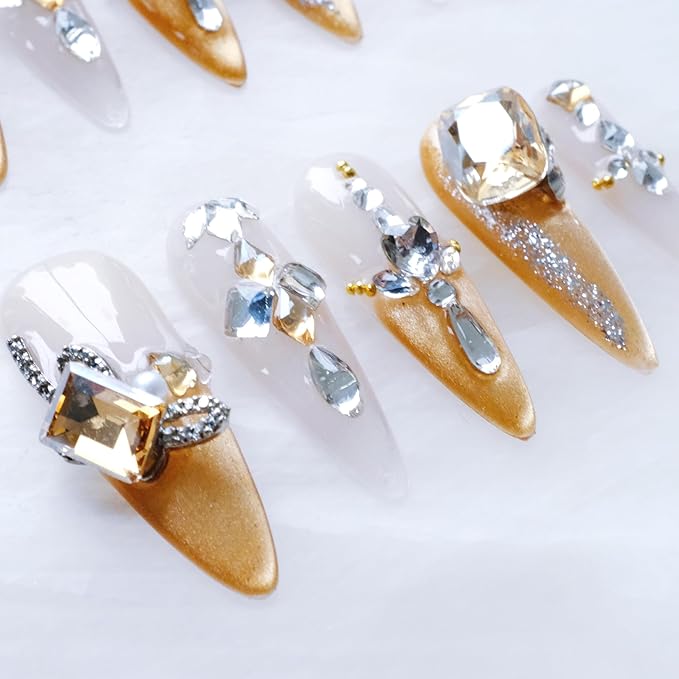Luxury Long Stiletto Press-On Nails, Yellow Glitter with 3D Rhinestones and Heart Gems, Handmade False Nail 10 Pieces (Large, LS)