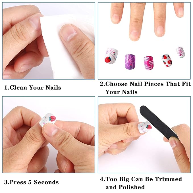JANYUN 96 Pcs Kids False Nail Stick on Nails Full Cover Short False Nails Children Nail Tips Lovely Gift for Kids Little Girls Nail Art Decoration (Fruits Color)