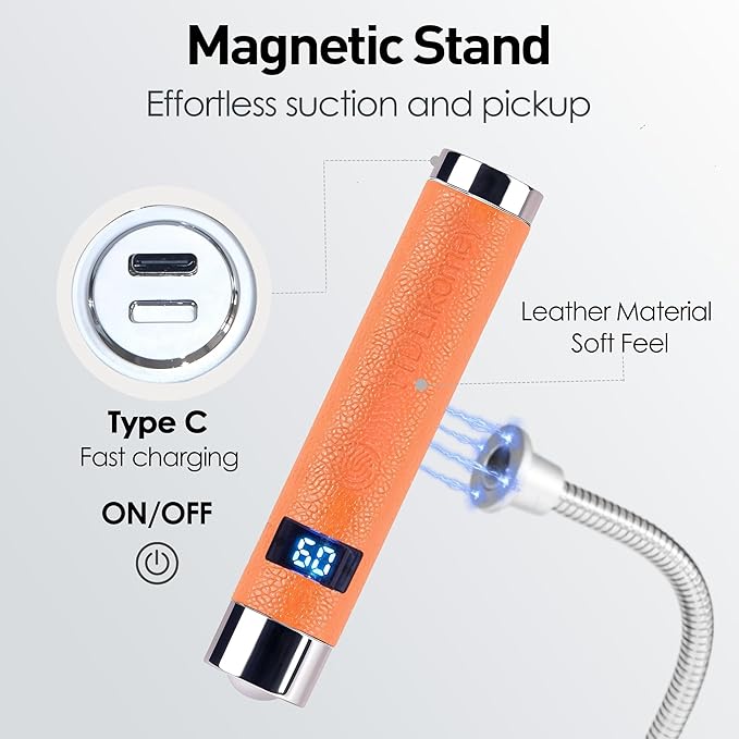 YTD Likomey Intelligent Sensor Handheld UV Light for Nail Gel with Magnetic Stand,Mini Portable Cordless Rechargeable Leather Nail Lamp with LCD Display,Fast Curing for UV Glue Builder Gel-G1 Orange