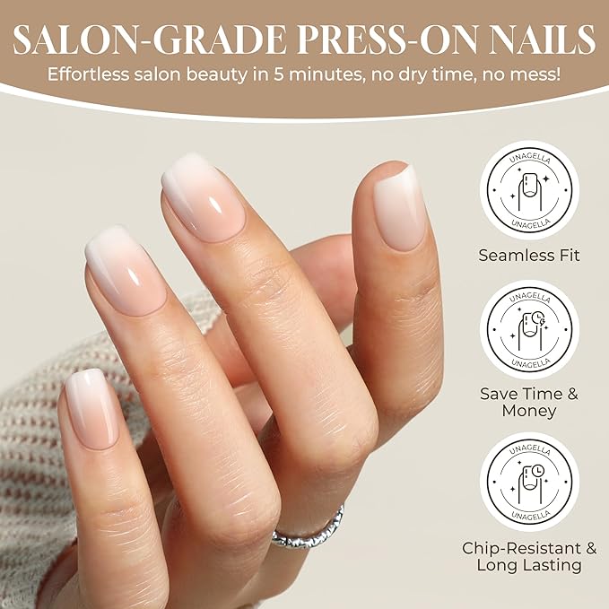 UNA GELLA Press On Nails Short Square : Ombre Soft Gel Press Ons Kit with Nail Glue Adhesive Tabs Nail File, 16 Sizes - 32Pcs Reusable Fake Nails, Nude Cream, Women Gift