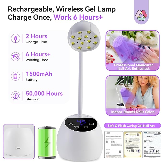 SAVILAND Intellisense Gooseneck U V Lamp for Gel Nails: Motion Sensor 36W U V Nail Lamp Quick Drying LED Cure Lamp Rechargeable Gel Lamp 3 Timers Setting 360°Adjustable Nail Dryer Manicure Light