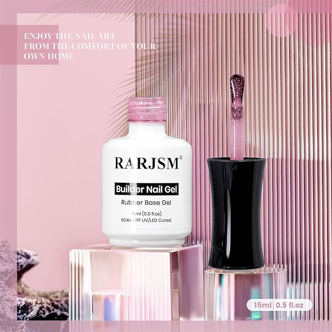 RARJSM Nude Rosy Mauve Pink Rainbow Glitter Rubber Base Coat Gel Nail Polish Natural Skin Tone Iridescent Shimmer Brush on Extend Jelly Gelpolish Curing Requires 15ml Salon Home French Manicure