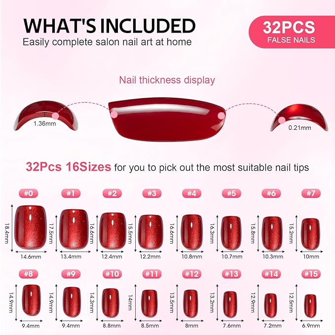 Short Red Fake Press On Nails - Findigit Cat Eye Square Stick On Nails with Nail Glue, Reusable Soft Gel Glue On Nails Kit Fit Natural False Nails for Women 16 Sizes - 32 Nail Kits, Square Ruby Red