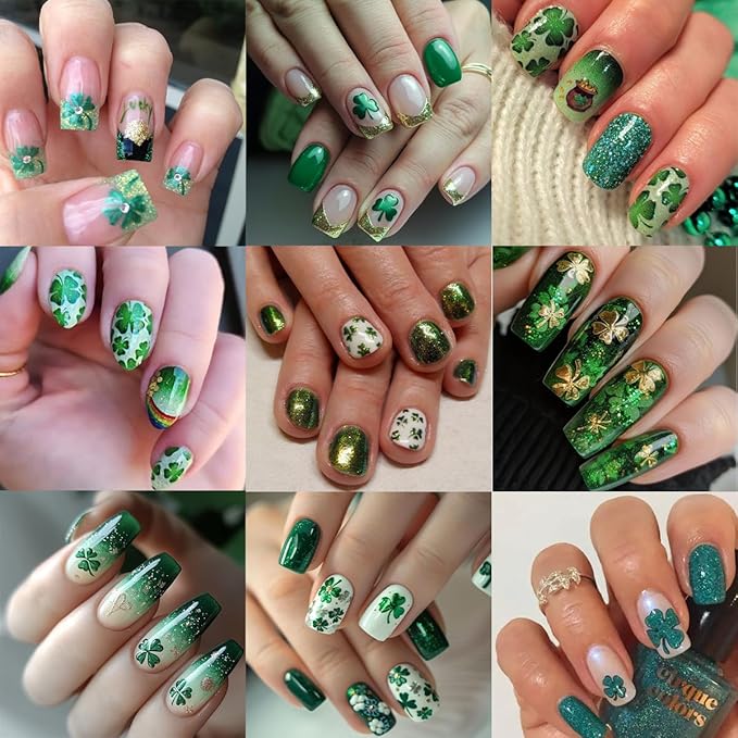 St. Patrick's Day Nail Stickers for Nail Art 3D Spring Shamrock Nail Art Stickers Self Adhesive Holographic Four Leaf Clover Nail Decals Irish St. Patrick's Day Design Stickers Supplies for Women 8Pcs
