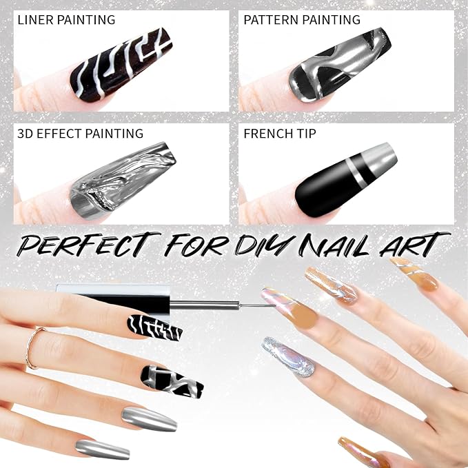 12ml Metallic Painting Gel Liner Nail Art 3D Mirror Chrome Effect Metal Painted Drawing Build in Thin Brush Soak Off UV/LED Silver Striper Gel for Salon Home DIY Manicure
