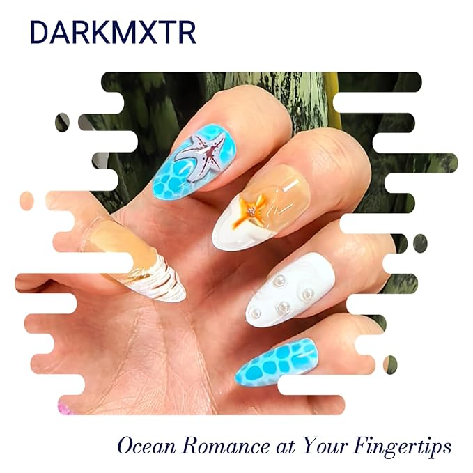 30Pcs 3D Beach Press On Nails - Starfish Shell Design, Long Almond Fake Nails for Summer Vacation
