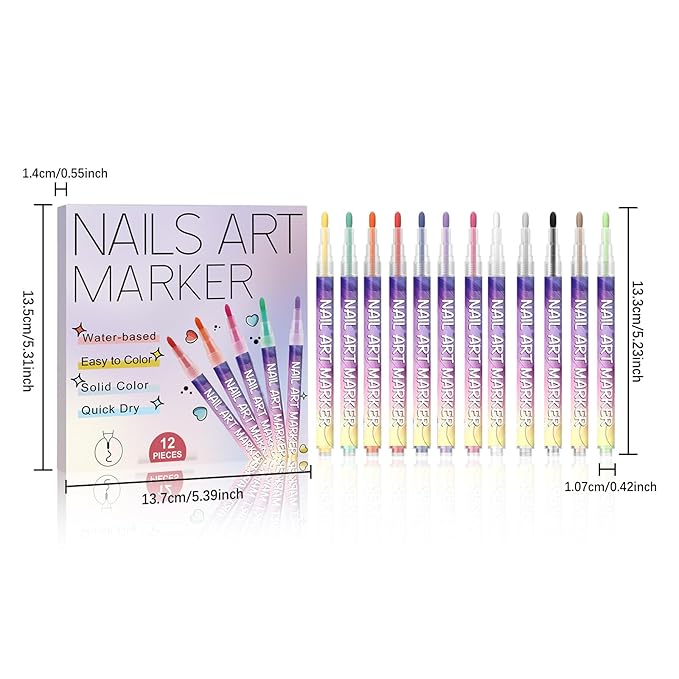 12 Colors Nail Art Pens Set, 0.7mm Sponge Tip Nail Art Markers Nail Pens for Beginners Women