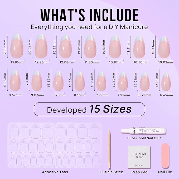 BTArtbox French Tip Press On Nails - White Press On Nails Almond, Short Fake Nails with Nail Glue, Fit Perfectly & Natural Reusable Stick on Nails in 16 Sizes, Mermaid
