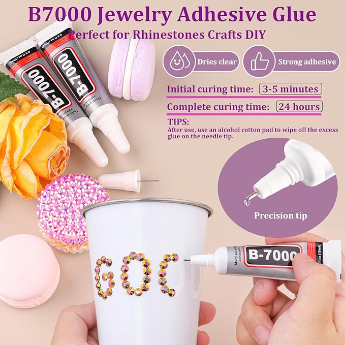 Resin Jelly Rhinestones for Crafting with B7000 Jewelry Glue, 2 Boxes Gold Rose AB Flatback Crystals with 2Pcs 10ml Glue, Bedazzling Non Hotfix Gems for DIY Tumblers Clothing Shoes Manicure