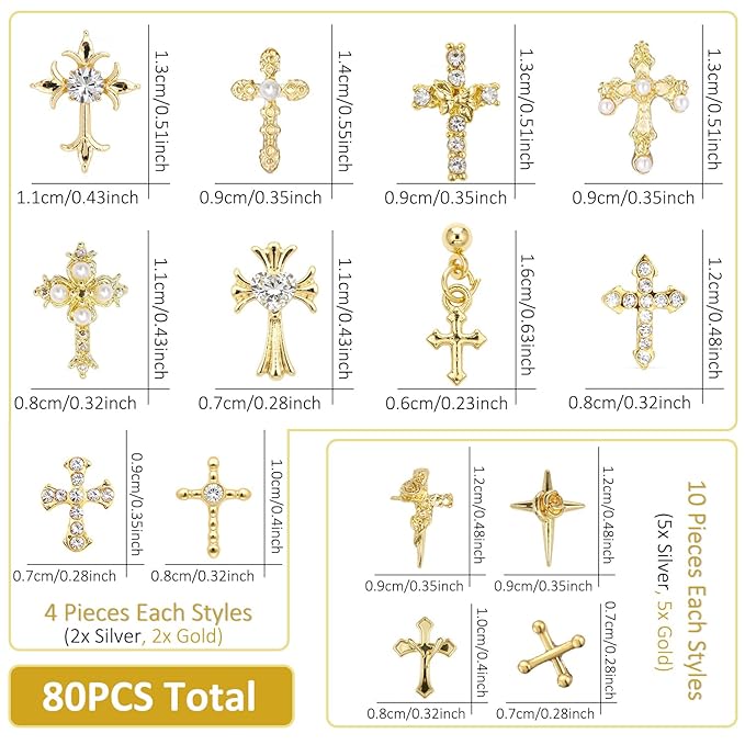 80Pcs Cross Nail Charms Gold Silver Y2k Nail Art Rhinestones Gems Shiny Nail Jewelry Acrylic Accessories for Women DIY Nail Decorations