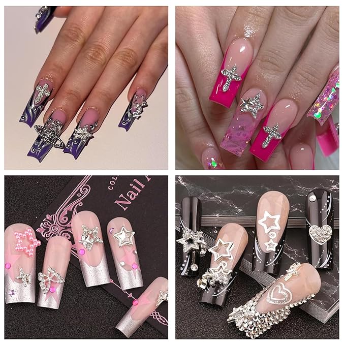 120+ Pcs Star Nail Charms Inlaid Rhinestones Gems, Silver Star Planet Cross Nail Art Decorations Shiny Jewelry for Acrylic Nail Accessories for Women Girl Manicure DlY Crafts Supplies