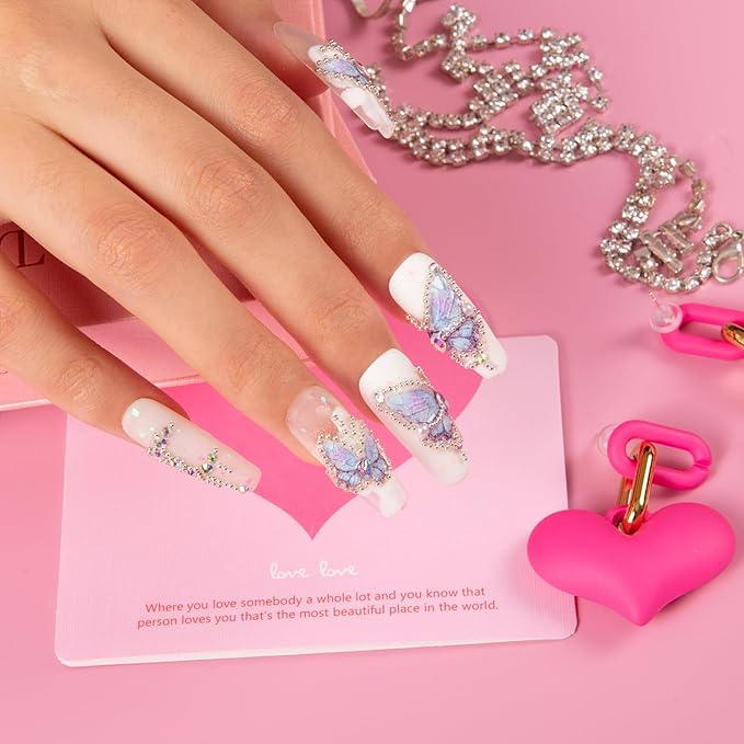 LOVFUL Press on Nails Holly Blue | Handmade with Full Covered Crystals | Reusable Fake Nails | Coffin Classic Regular 1.3 in | H23-L