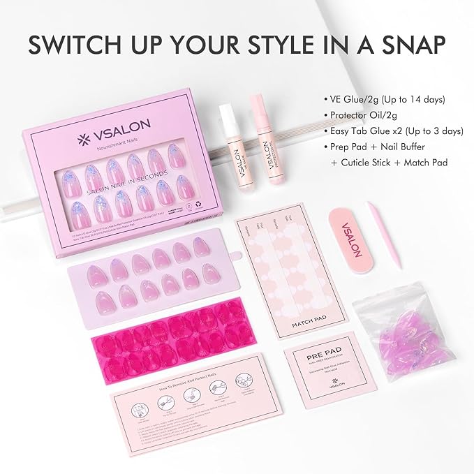 VSALON Press-On Nails Short Almond - Purple Ombre Blue Sparkle Glitter Semi-Transparent Mermaid Design, Reusable Opaque Soft Gel Fake Nails with Glue & Cuticle Oil 32 PCS in 16 Sizes Gifts for Women