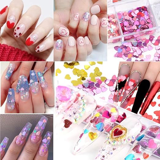 12 Colors Heart Holographic Nail Glitter Sequin Accessories Colorful 3D Nail Flakes Powder UV Gel Polish Acrylic Design for Women Girls Manicure Tips False Nails Supplies Kit Decorations
