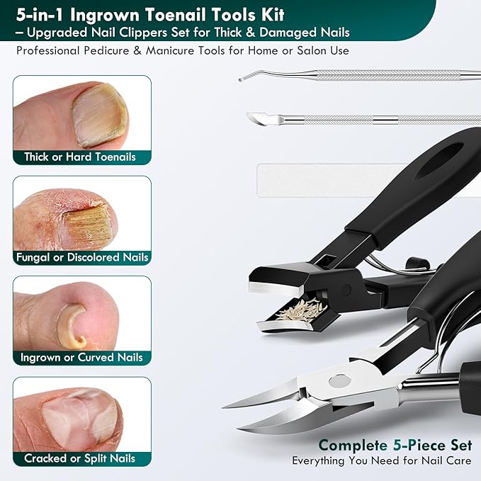 5-in-1 Professional Ingrown Toenail Tools Kit, Wide Jaw Slanted Nail Clippers & Heavy Duty Toenail Cutter Set for Seniors, Pedicure Manicure Tools for Thick or Ingrown Nails