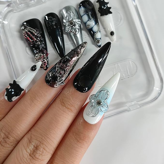 Halloween Press on Nails Long Almond 3D Floral Handmade Nails Thick Acrylic Fake Nails Gothic Black&White False Nails with Spider Heart Ghost Designs Sturdy Nail Art Press on Nails 10Pcs(M)