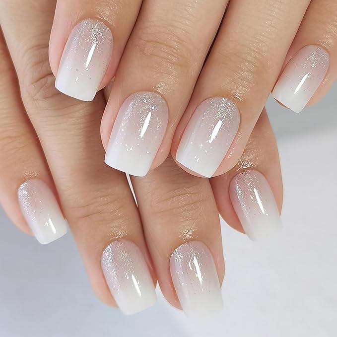 White Gradient Press on Nails Luxurious Thickened Short Square Shaped False Nails with Silver Glitter Designs French Fake Nails Full Cover Stick on Nails Sparkly Acrylic Nails for Women DIY Art 32 Pcs