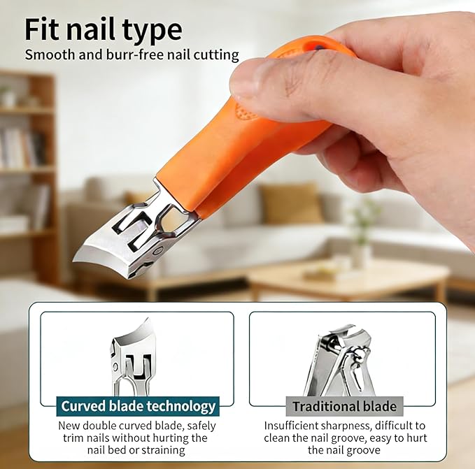 Wide Jaw Opening Anti-Splash Slanted Nail Clippers - Long Handle Splashproof Design for Ingrown Nails, Wide Mouth Toe Nail Clippers & Household Use