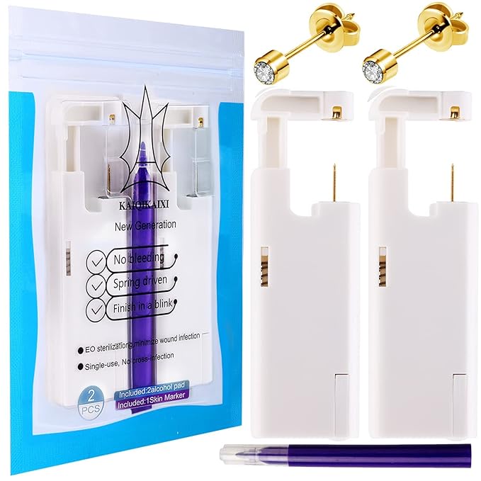 KAIQIKAIXI 2Pcs Ear Piercing Kit Automatic And Painless Ear Nail Gun Disposable Aseptic Household Ear Piercing Gun Portable Ear Piercing Gun Group Ear Piercing Tools (4mm, Golden)