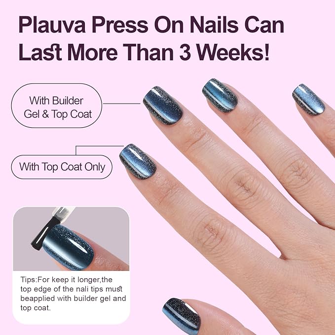 240Pcs Cat Eye Press on Nails Short Square, Plauva Soft Gel Fake Nails, Glossy Glitter Cat Eye Nail Tips for Women and Girls Stick On Nails in 12 Sizes